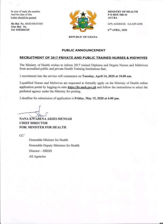 Private And Public Nurses And Midwives Recruitment in Ghana 2020